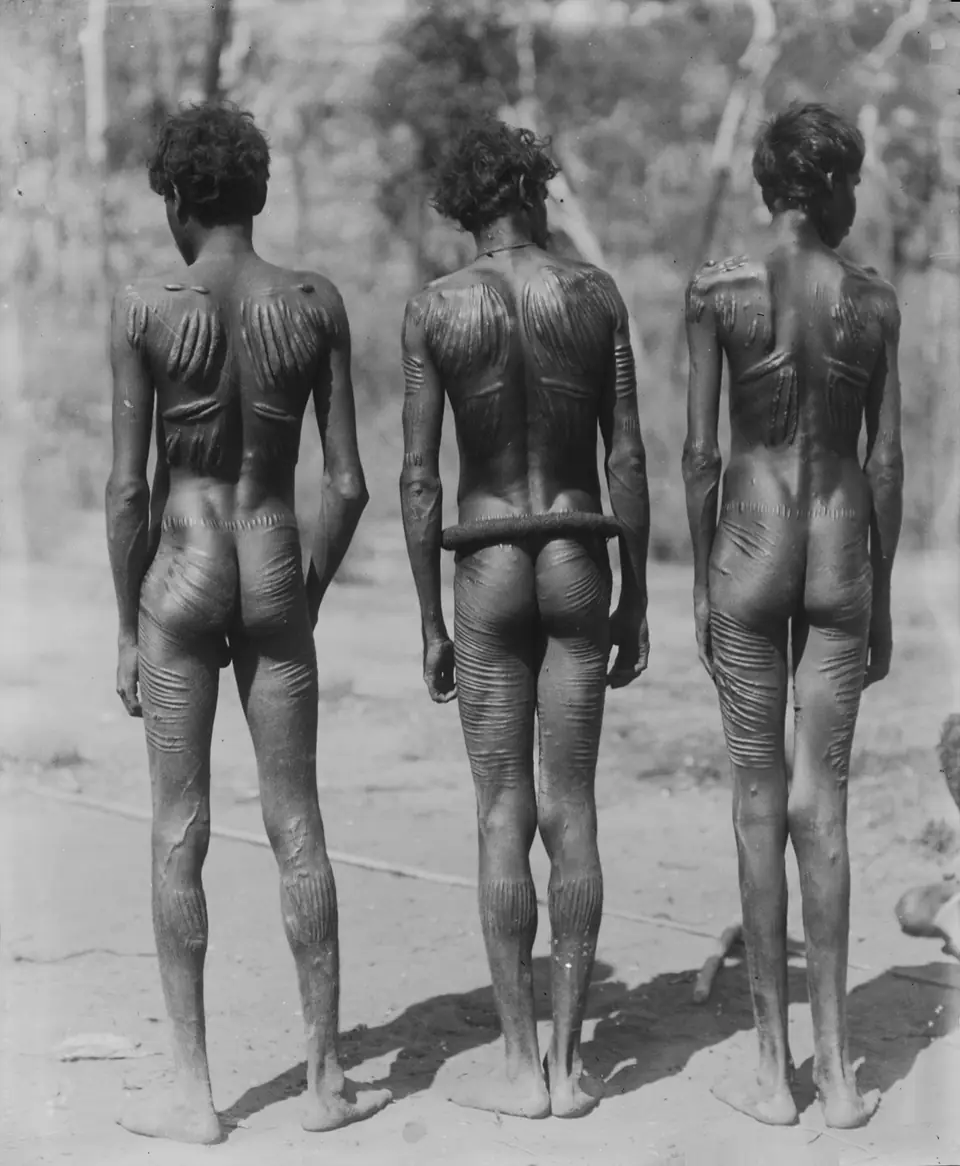 Fotografía histórica de hombres mostrando patrones de escarificación en la espalda